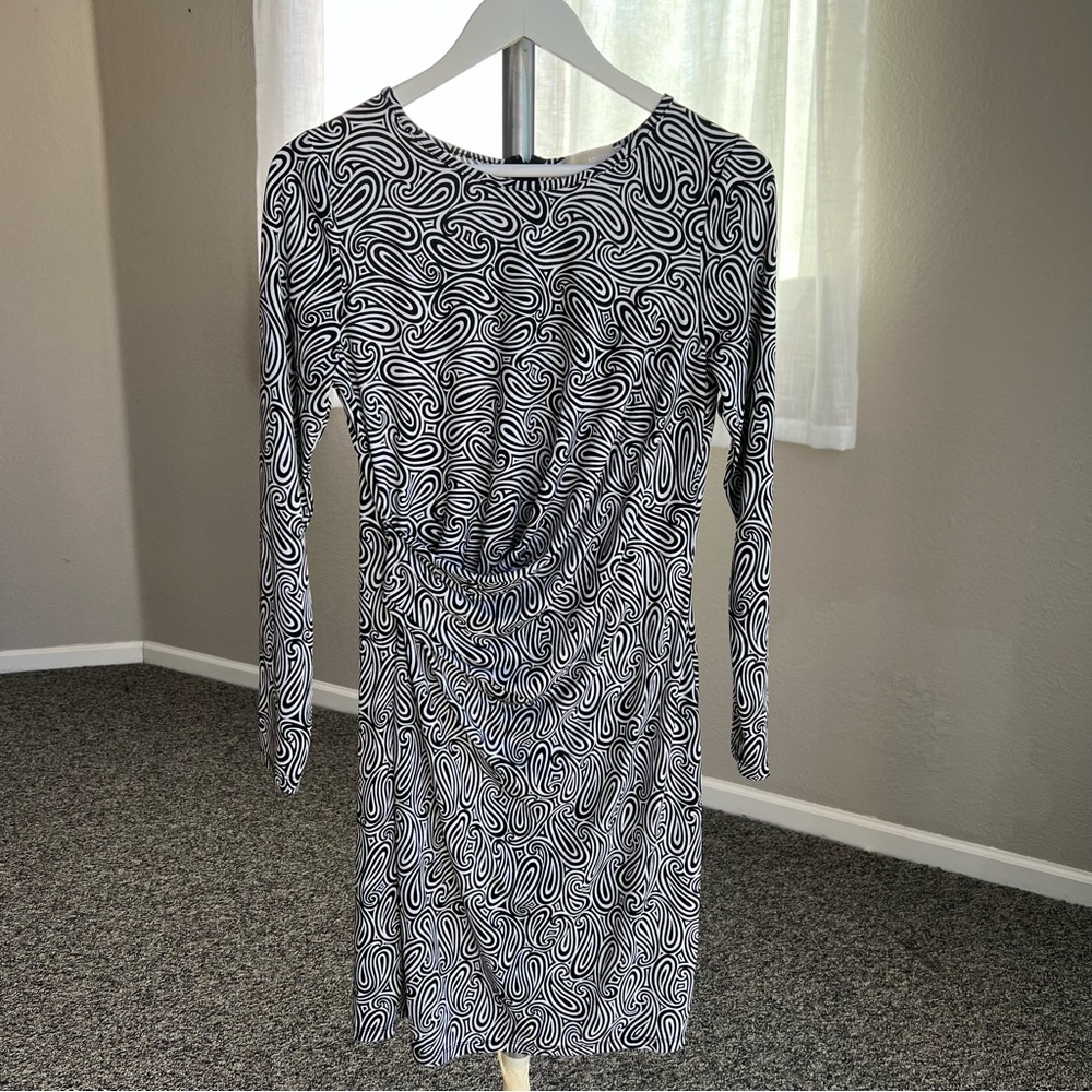 Michael Kors Faux Wrap Black and White Swirl Long Sleeve Dress